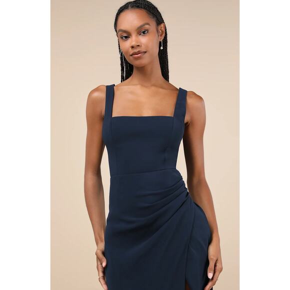 Lulus Glamorous Disposition Navy Ruched Maxi Dress Formal Evening Large NWT - Picture 3 of 12